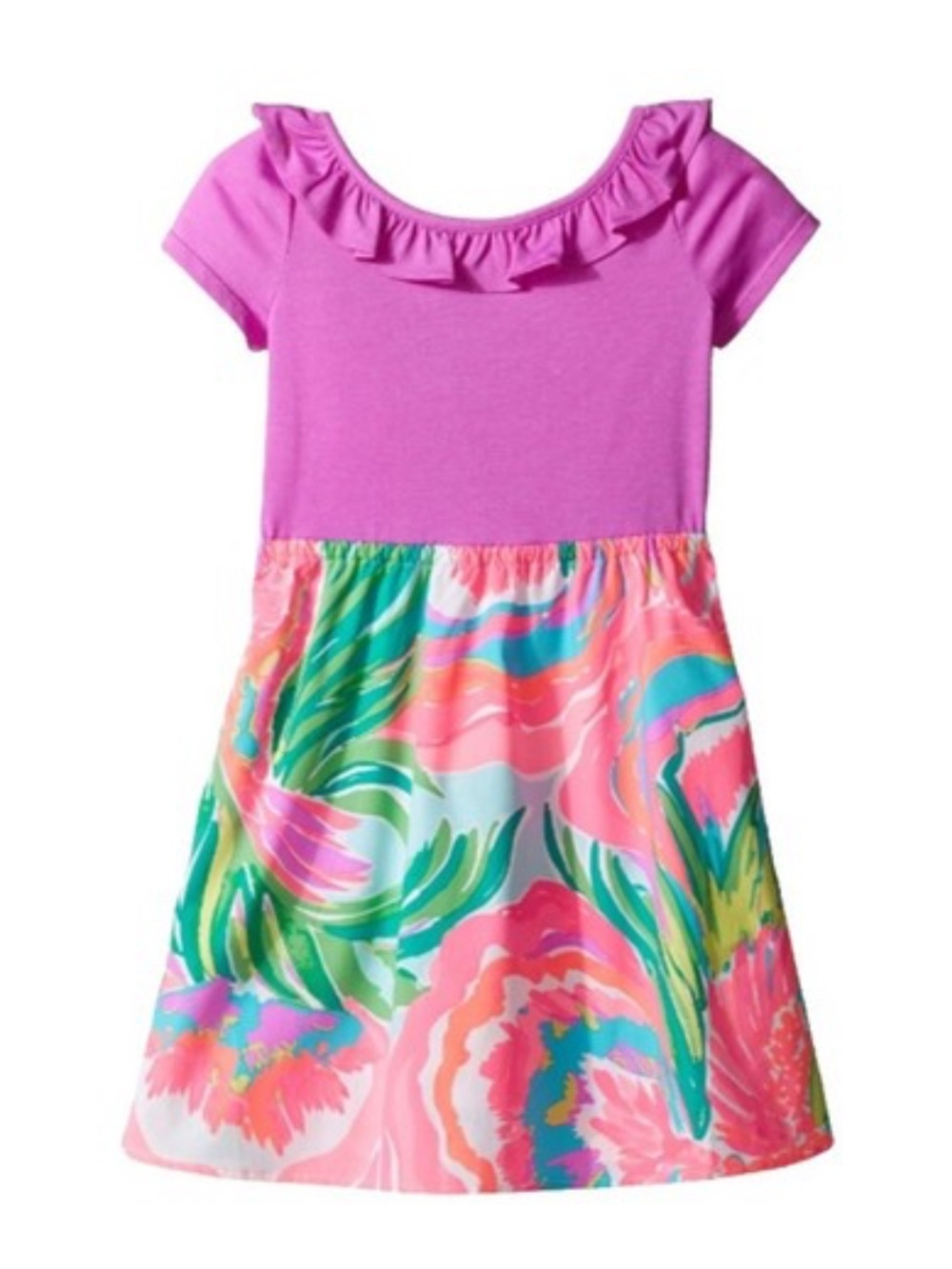 Lilly Pulitzer Girls Pink & Multi Floral Ruffle Neck Dress